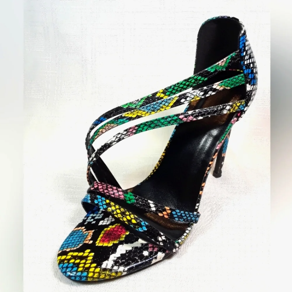 Heels Open Toe Women Shoes Rainbow Faux Snakeskin Strap Fashion Shoes Size 38 - Picture 3 of 10